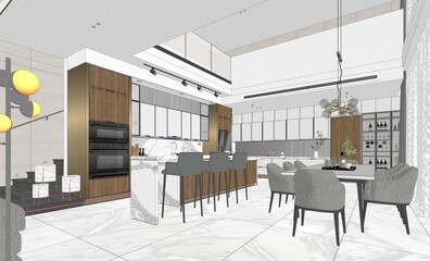 Interior living modern style, White and wooden modern kitchen with wooden island , with wooden details and panoramic window - 3D rendering, 3D illustration