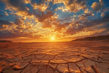 panoramic photo of a breathtaking sunrise over a barren sandy dry falt land - obrazy, fototapety, plakaty