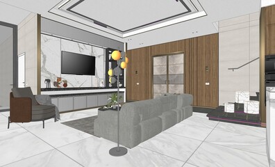 Interior living modern style, White and wooden modern kitchen with wooden island , with wooden details and panoramic window - 3D rendering, 3D illustration