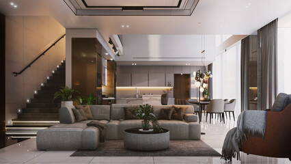 Interior living modern style, White and wooden modern kitchen with wooden island , with wooden details and panoramic window - 3D rendering, 3D illustration