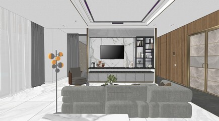 Interior living modern style, White and wooden modern kitchen with wooden island , with wooden details and panoramic window - 3D rendering, 3D illustration