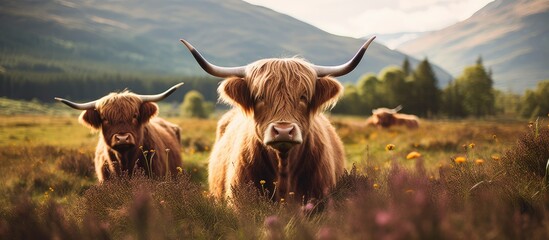Two cows in a field with mountain backdrop - obrazy, fototapety, plakaty