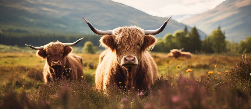 Two cows in a field with mountain backdrop
