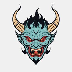 Fototapeta premium Illustration of a fierce mythical creature with sharp horns and fiery red eyes set against a neutral background.