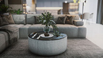 Interior living modern style, White and wooden modern kitchen with wooden island , with wooden details and panoramic window - 3D rendering, 3D illustration