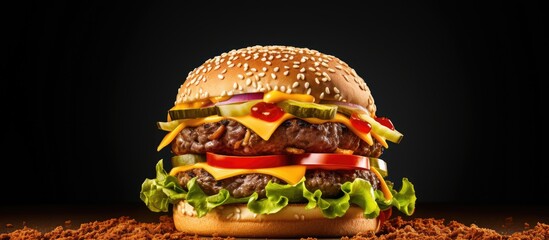 Close up of a tasty hamburger with cheese and fresh vegetables