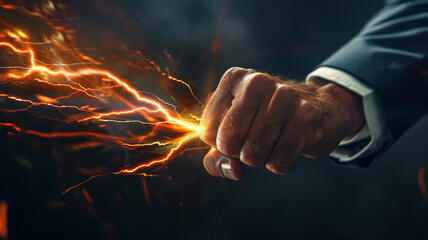 Detailed capture of a businessman's firm grip on an electrifying bolt of power, symbolizing authority. Copy space on blank labels word. - obrazy, fototapety, plakaty