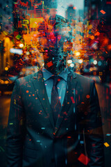 Man in suit with abstract cityscape overlay. Artistic double exposure portrait blending urban life and business. Conceptual image representing busy city life and corporate lifestyle. Vertical