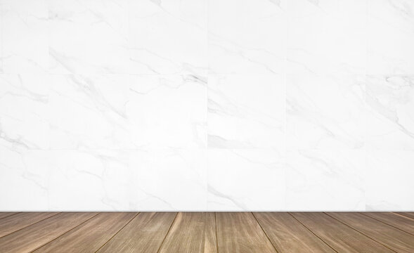 background for photo studio with light brown wooden floor and white marble wall tile. empty marble wall room studio background and wood floor perspective, well editing montage for product displayed.