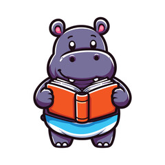 Cartoon hippo reading a book vector illustration