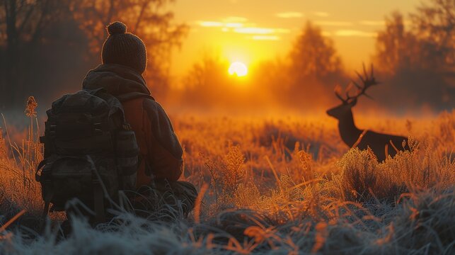 Man gazes upon a deer in the forest, captivated by the serene beauty of nature