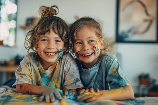 Joyful children with painted faces and smiles, showcasing creativity and happiness.