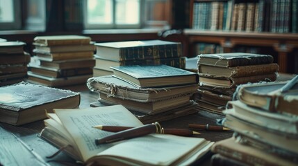 Old books in the library with an old pen on an open textbook Stacks of text on study tables and bookshelves in the classroom. Background for school education learning concept. - obrazy, fototapety, plakaty