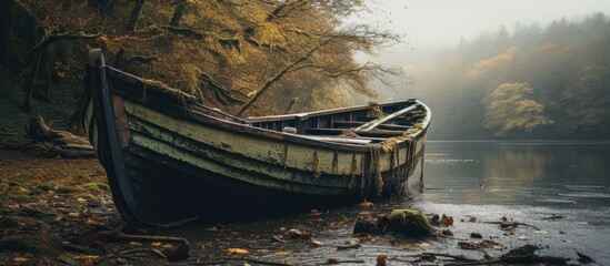 An old boat stranded on the riverbank - obrazy, fototapety, plakaty