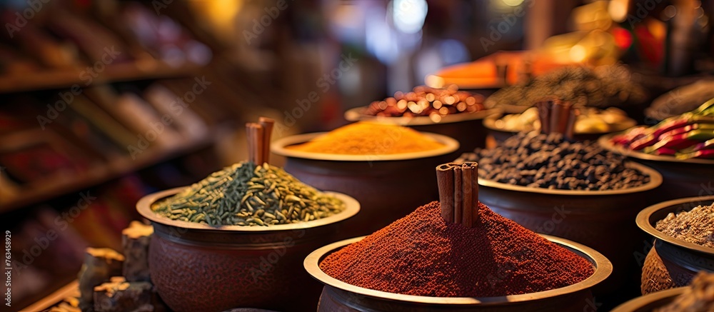 Wall mural Bowls of spices displayed on a store table