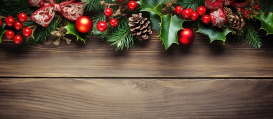 Christmas ornaments on wooden surface with natural elements