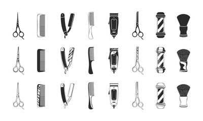 24 Haircut or barbershop icons and elements isolated on white background. 8 Barbershop and haircuts salon design elements in 3 other styles. Vintage and simple barber icons. Vector illustration