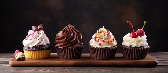 Three cupcakes with chocolate icing and cherries on a wooden tray