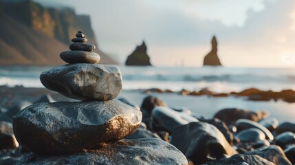 Zen stones stacked on a rocky beach with calm sea and sunrise. - obrazy, fototapety, plakaty