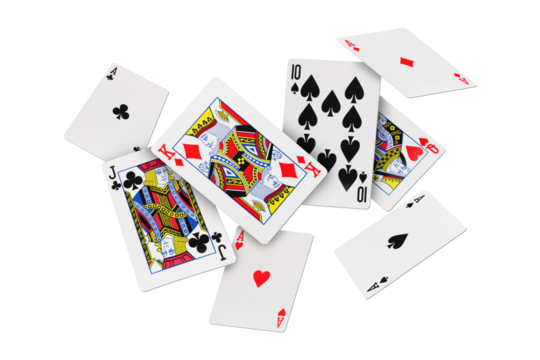 Falling playing cards on transparent background