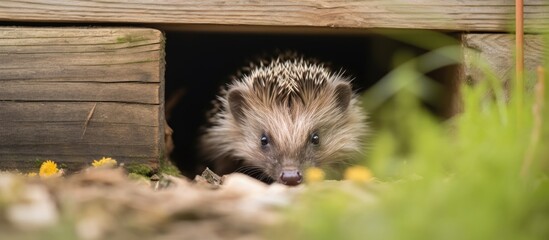 Wild hedgehog peeking from wooden shelter in springtime - obrazy, fototapety, plakaty