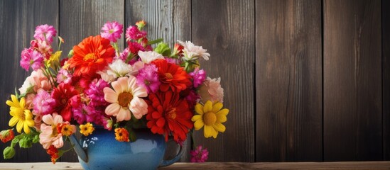 Fototapeta na wymiar Colorful flowers in blue vase on wooden table