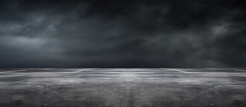 An empty parking lot under looming dark clouds