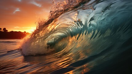 Surfing ocean wave at sunset