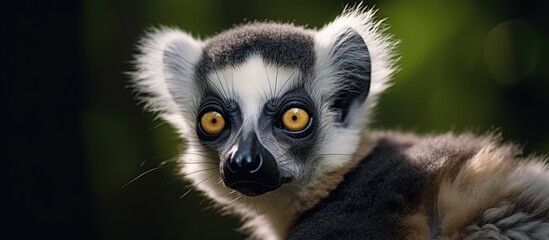 Obraz premium A lemur with a black and white face and yellow eyes in a close up portrait