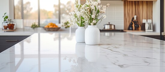 Two vases of flowers on kitchen counter