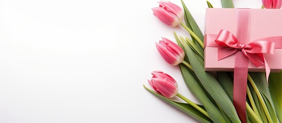 Pink gift box and tulips in red box with ribbon on white background