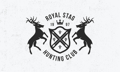 Hunt Club Crest. Hunting Club vintage logo. Hunt logo with heraldic deers and grain texture. Trendy hipster design. Logo, Poster for pub, restaurant, beer house, hunting club Vector illustration