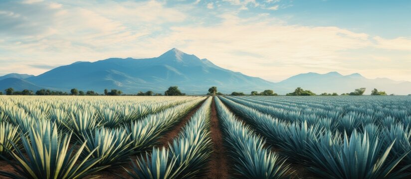 Field of Blue Agave Plants with Mountain Background