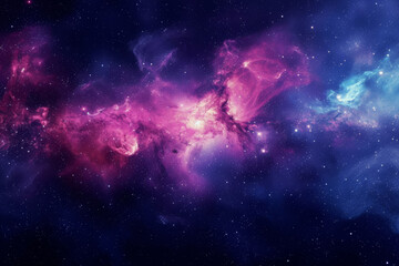 Vivid interstellar clouds in magenta and blue, scattered with stars, depict a celestial dance in a dynamic and expansive nebula - obrazy, fototapety, plakaty