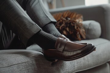 A man with brown shoes is seated on the armrest of a couch - obrazy, fototapety, plakaty