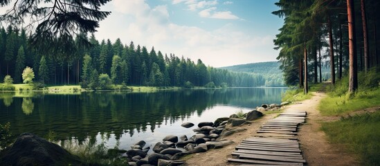 Path leading to serene lake among pine trees - obrazy, fototapety, plakaty