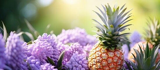 A pineapple nestled in purple blossoms under the sun
