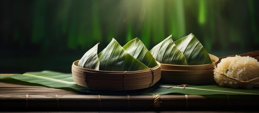 Three rice-filled baskets with leaves, Chinese zongzi on green backdrop