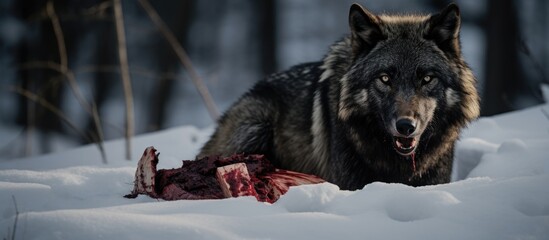 Wolf Feeding on Deer Carcass in Snow