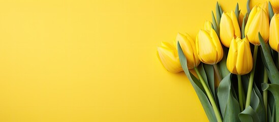 Yellow tulips on a sunny yellow background