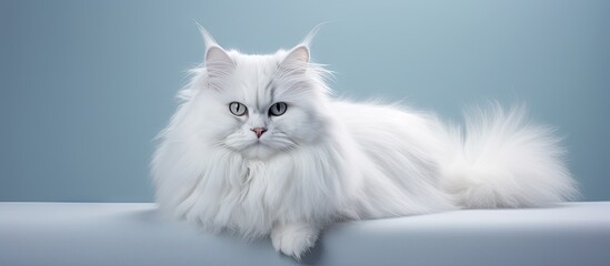 Cat sitting on white surface with blue background