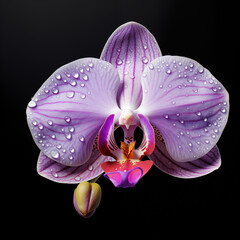 tropical flower with iridescent color black empty background