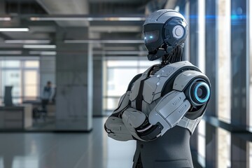 A robot is standing in a spacious, empty room, surrounded by walls and a high ceiling