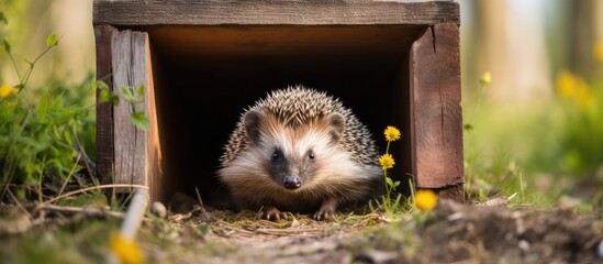 Hedge in wooden box, native hedgehog leaving house in Spring