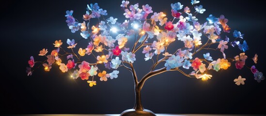 A tree adorned with colorful lights on a tabletop