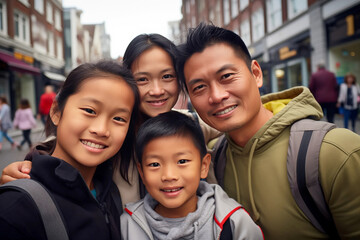 family man, woman, children talking head shoulders Asian shot bokeh out of focus background on a cosmopolitan western street vox pop website review or questionnaire candid photo - obrazy, fototapety, plakaty