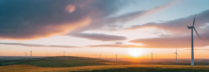 a sunset over a wind farm