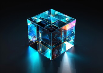 A cube emitting light in a dark space, creating a luminous and striking visual effect