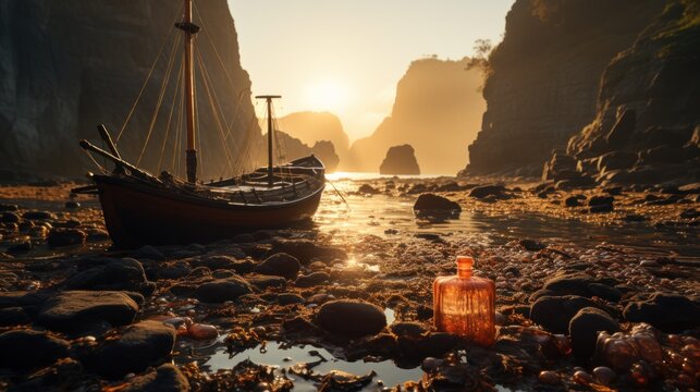 a bottle on a rocky beach with a ship in the background
