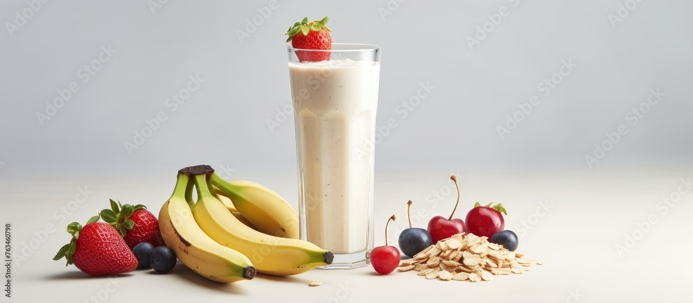 Canvas Prints Glass of milk with mixed fruit and oats